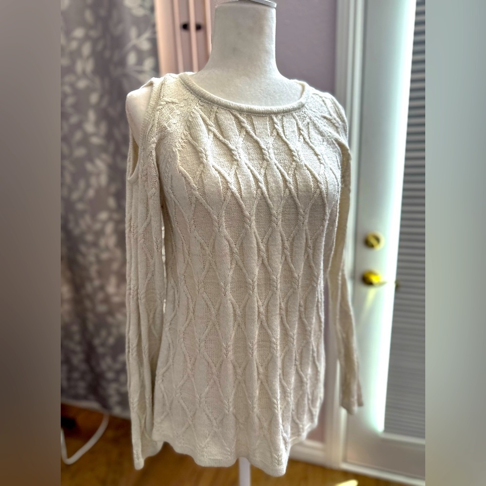 Cream and gold cableknit sweater with off shoulder cut size small